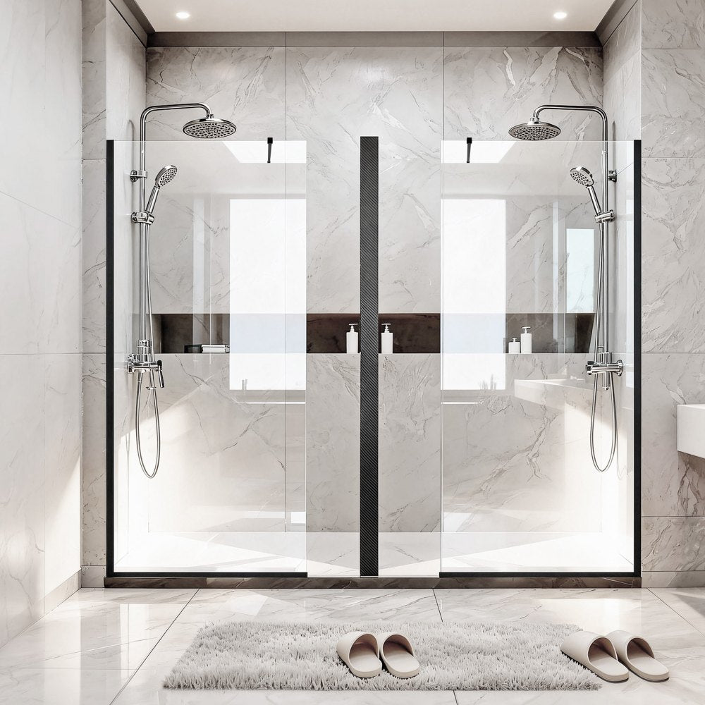 VEVOR Fixed Glass Shower Panel, 34 x 73.6 in Semi-Framed Fixed Shower Screen, 5/16 in Thick Clear Tempered Glass Door with Bottom Seal Strip and Hardware, Easy to Clean, for Bathroom, Matte Black