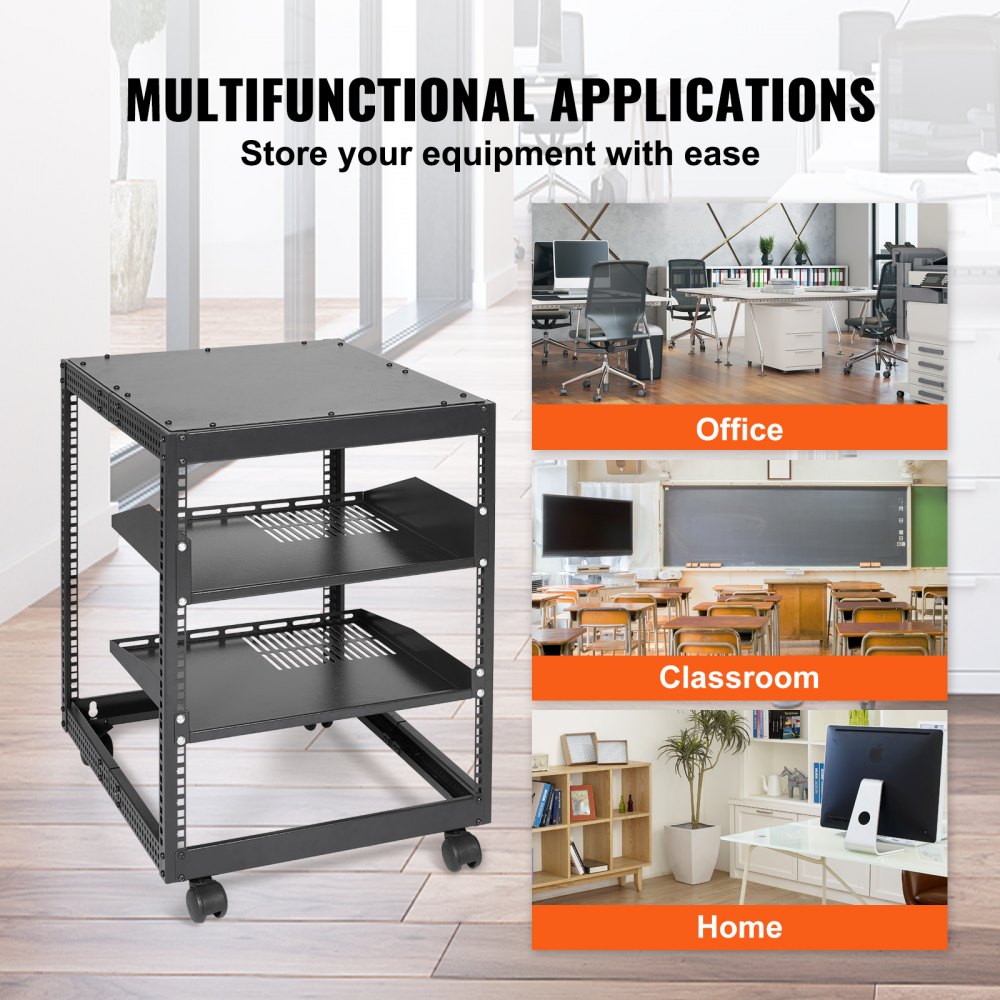 VEVOR 12U Open Frame Server Rack, 23-40 in Adjustable Depth, Free Standing or Wall Mount Network Server Rack, 4 Post AV Rack with Casters, Holds All Your Networking IT Equipment AV Gear Router Modem