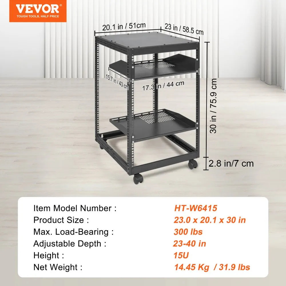 VEVOR 15U Open Frame Server Rack, 23-40 in Adjustable Depth, Free Standing or Wall Mount Network Server Rack, 4 Post AV Rack with Casters, Holds All Your Networking IT Equipment AV Gear Router Modem