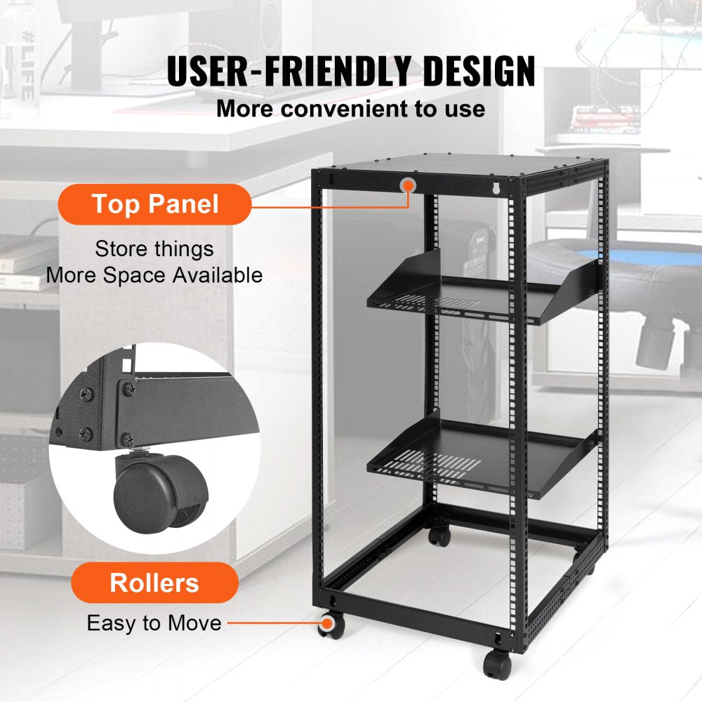 VEVOR 20U Open Frame Server Rack, 23-40 in Adjustable Depth, Free Standing or Wall Mount Network Server Rack, 4 Post AV Rack with Casters, Holds All Your Networking IT Equipment AV Gear Router Modem