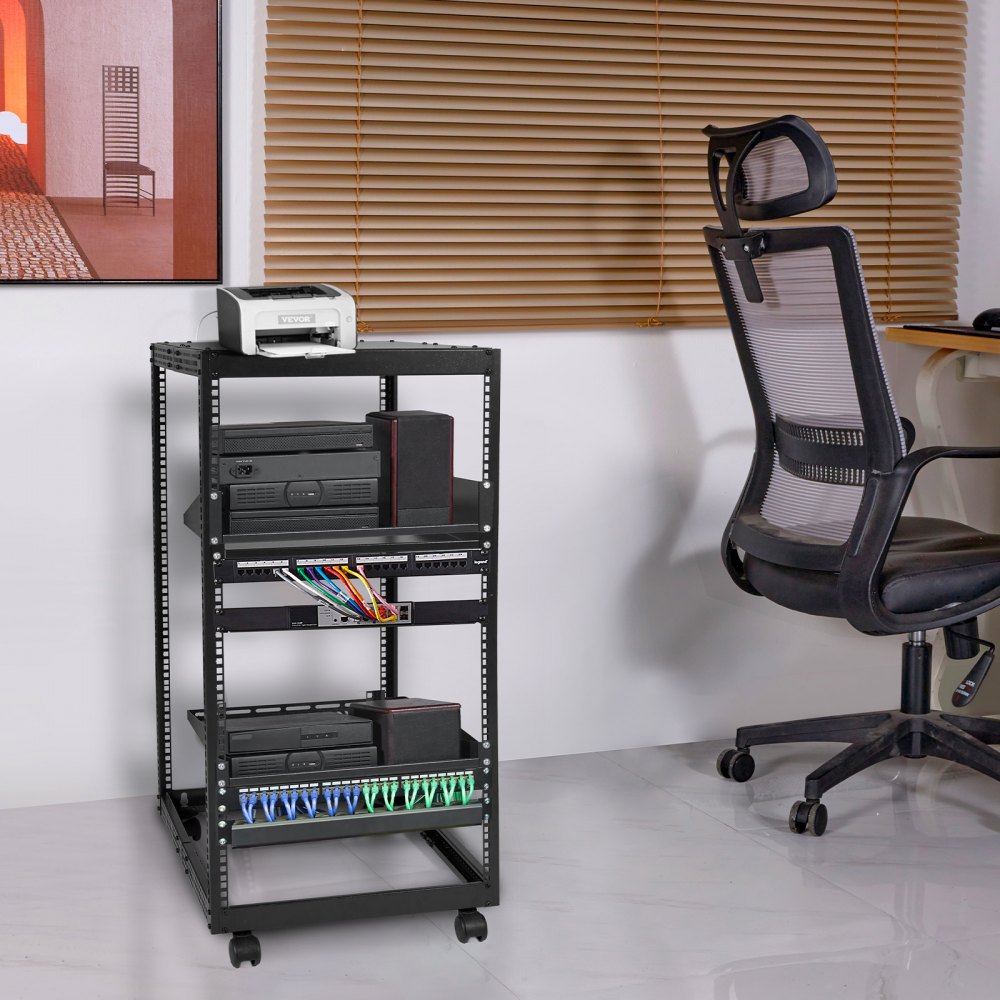 VEVOR 20U Open Frame Server Rack, 23-40 in Adjustable Depth, Free Standing or Wall Mount Network Server Rack, 4 Post AV Rack with Casters, Holds All Your Networking IT Equipment AV Gear Router Modem