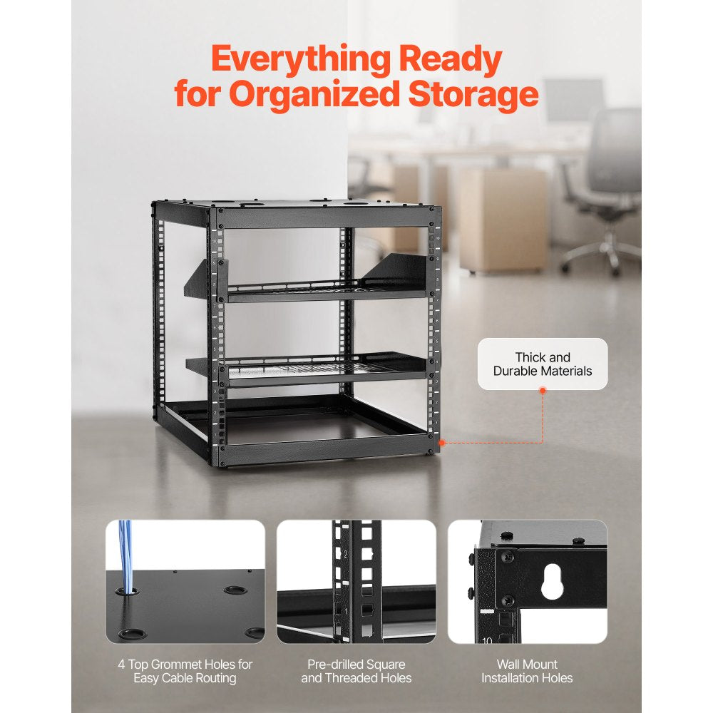 VEVOR 10U Open Frame Network Rack, 23 in Depth, Wall Mounted or Floor Standing Server Rack, Heavy Duty 4 Post, with Vented Shelves & Mounting Hardware, Holds All Your Networking IT Equipment AV Gear