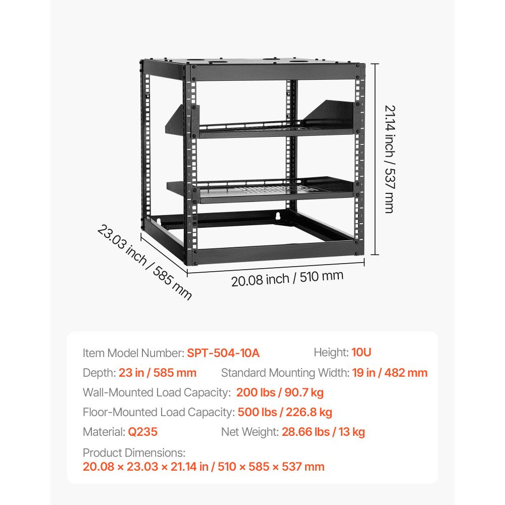 VEVOR 10U Open Frame Network Rack, 23 in Depth, Wall Mounted or Floor Standing Server Rack, Heavy Duty 4 Post, with Vented Shelves & Mounting Hardware, Holds All Your Networking IT Equipment AV Gear