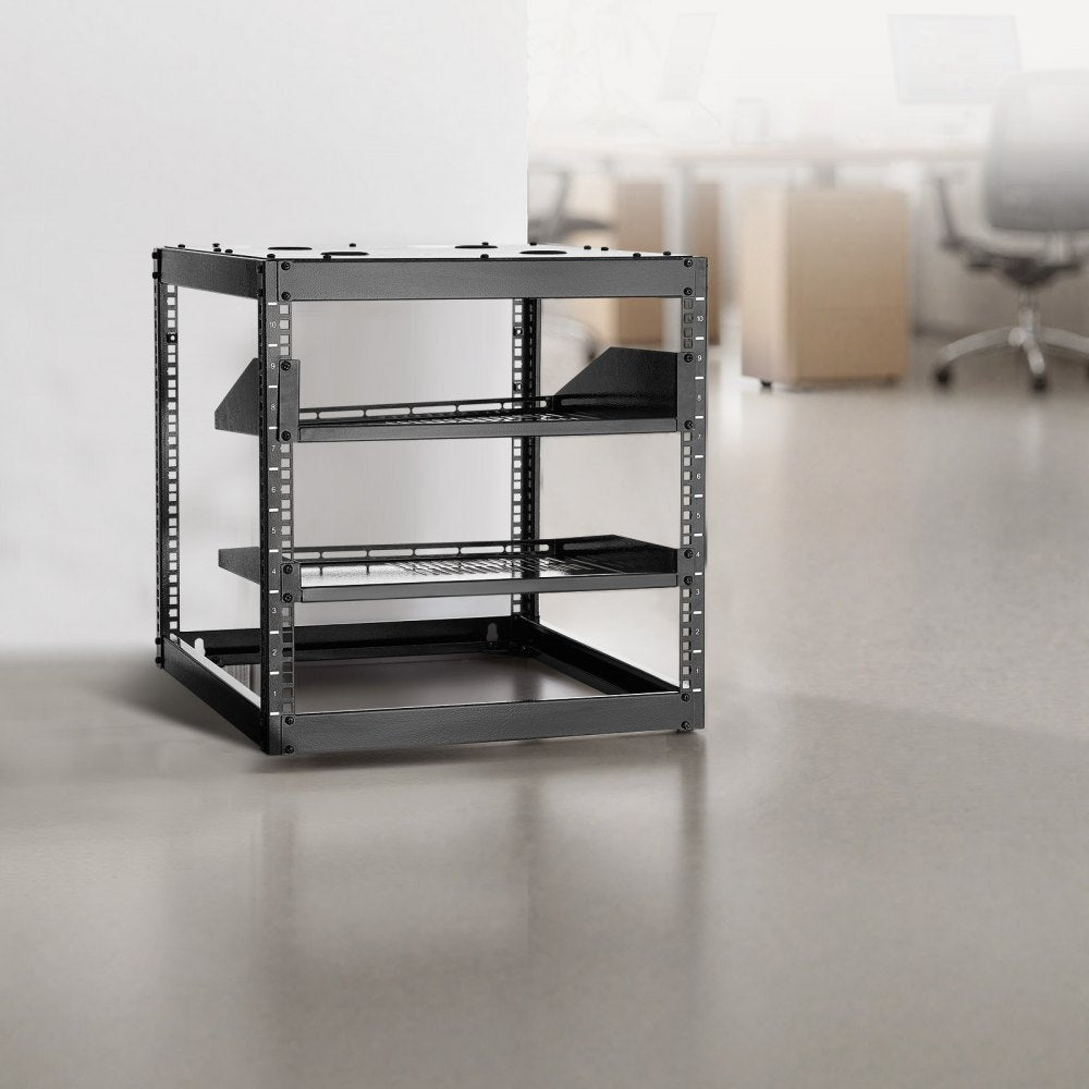 VEVOR 10U Open Frame Network Rack, 23 in Depth, Wall Mounted or Floor Standing Server Rack, Heavy Duty 4 Post, with Vented Shelves & Mounting Hardware, Holds All Your Networking IT Equipment AV Gear