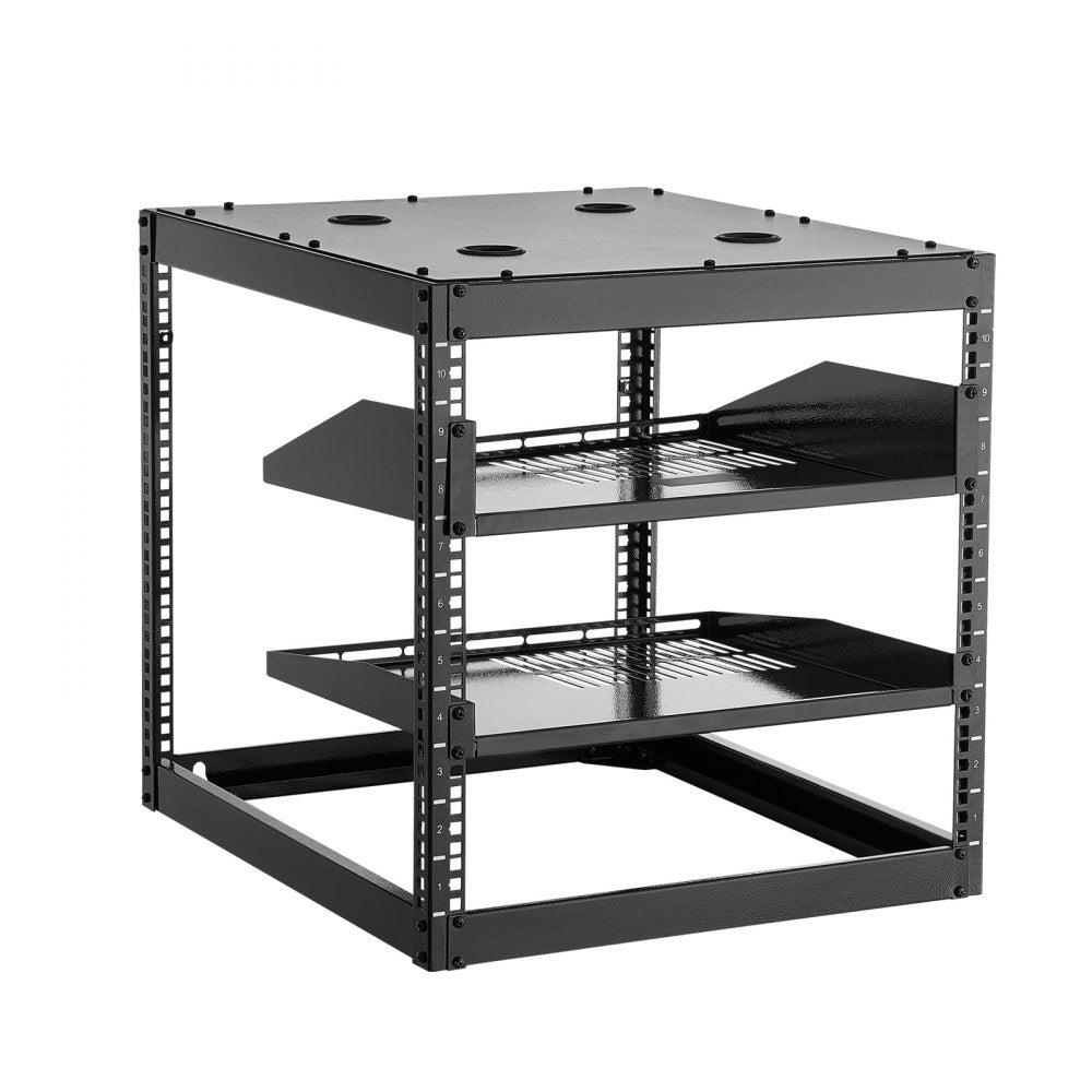 VEVOR 10U Open Frame Network Rack, 23 in Depth, Wall Mounted or Floor Standing Server Rack, Heavy Duty 4 Post, with Vented Shelves & Mounting Hardware, Holds All Your Networking IT Equipment AV Gear