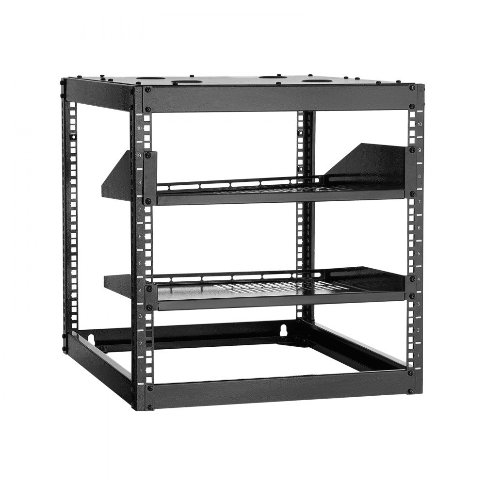 VEVOR 10U Open Frame Network Rack, 23 in Depth, Wall Mounted or Floor Standing Server Rack, Heavy Duty 4 Post, with Vented Shelves & Mounting Hardware, Holds All Your Networking IT Equipment AV Gear