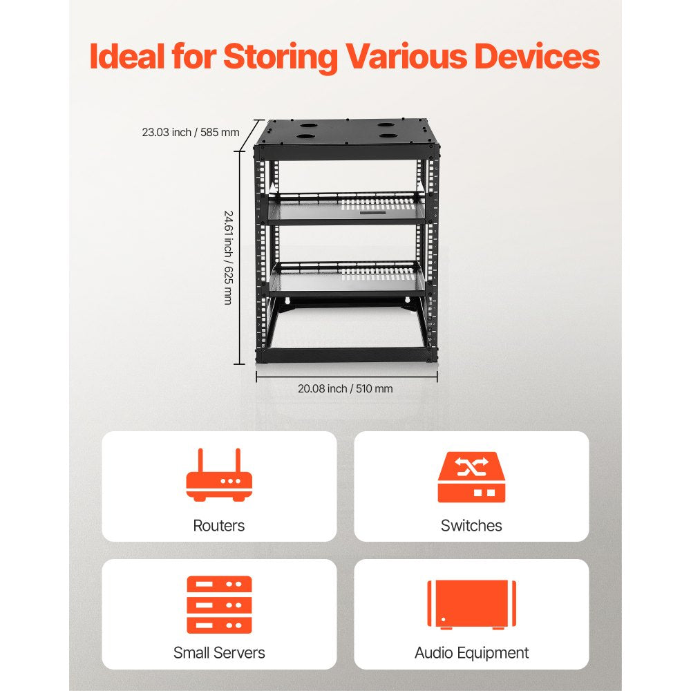 VEVOR 12U Open Frame Network Rack, 23 in Depth, Wall Mounted or Floor Standing Server Rack, Heavy Duty 4 Post, with Vented Shelves & Mounting Hardware, Holds All Your Networking IT Equipment AV Gear