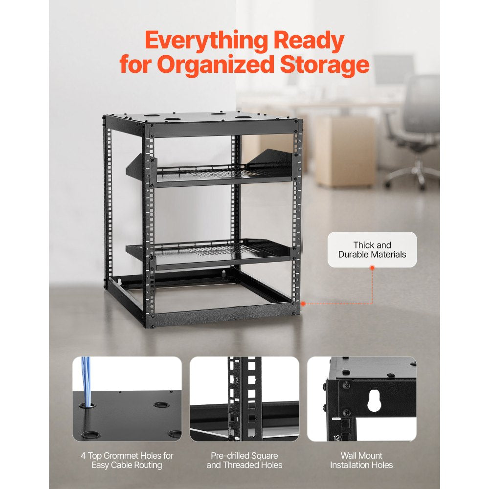 VEVOR 12U Open Frame Network Rack, 23 in Depth, Wall Mounted or Floor Standing Server Rack, Heavy Duty 4 Post, with Vented Shelves & Mounting Hardware, Holds All Your Networking IT Equipment AV Gear