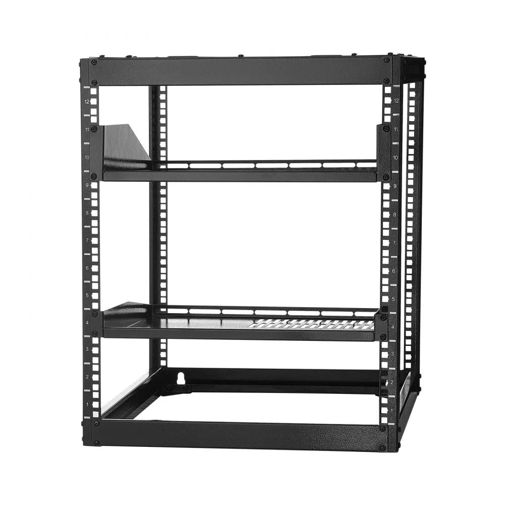 VEVOR 12U Open Frame Network Rack, 23 in Depth, Wall Mounted or Floor Standing Server Rack, Heavy Duty 4 Post, with Vented Shelves & Mounting Hardware, Holds All Your Networking IT Equipment AV Gear