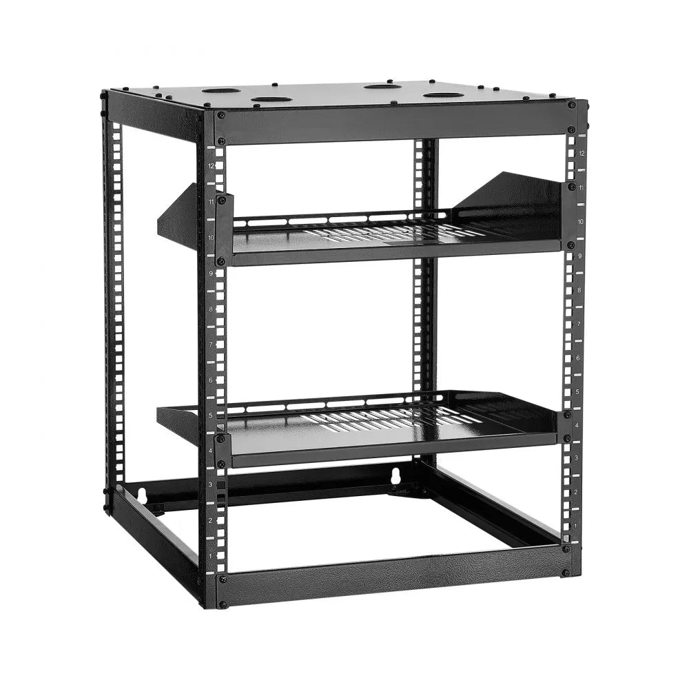 VEVOR 12U Open Frame Network Rack, 23 in Depth, Wall Mounted or Floor Standing Server Rack, Heavy Duty 4 Post, with Vented Shelves & Mounting Hardware, Holds All Your Networking IT Equipment AV Gear