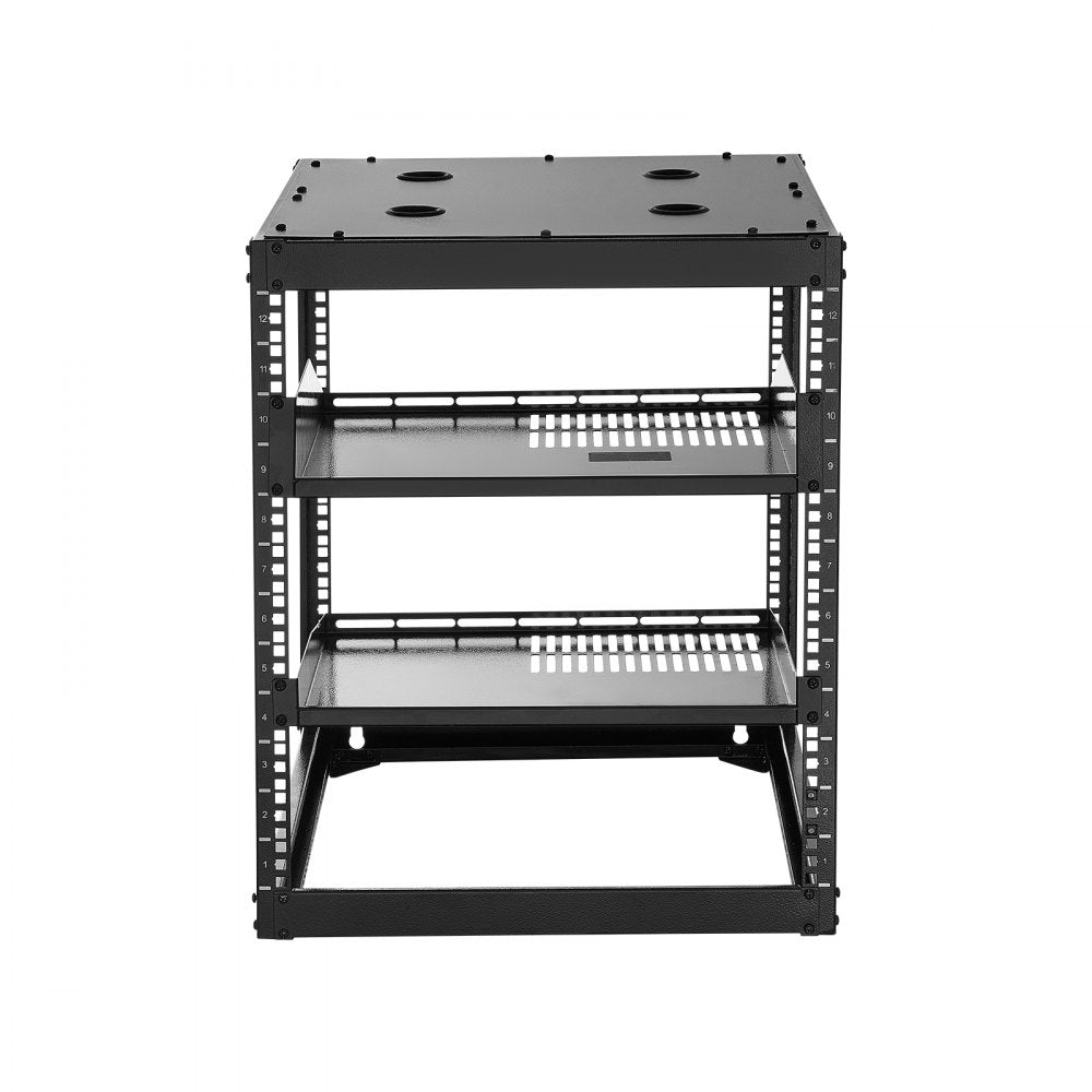 VEVOR 12U Open Frame Network Rack, 23 in Depth, Wall Mounted or Floor Standing Server Rack, Heavy Duty 4 Post, with Vented Shelves & Mounting Hardware, Holds All Your Networking IT Equipment AV Gear