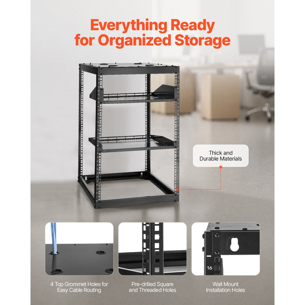VEVOR 16U Open Frame Network Rack, 23 in Depth, Wall Mounted or Floor Standing Server Rack, Heavy Duty 4 Post, with Vented Shelves & Mounting Hardware, Holds All Your Networking IT Equipment AV Gear