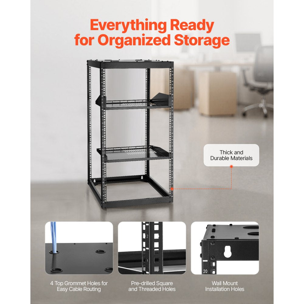 VEVOR 20U Open Frame Network Rack, 23 in Depth, Wall Mounted or Floor Standing Server Rack, Heavy Duty 4 Post, with Vented Shelves & Mounting Hardware, Holds All Your Networking IT Equipment AV Gear