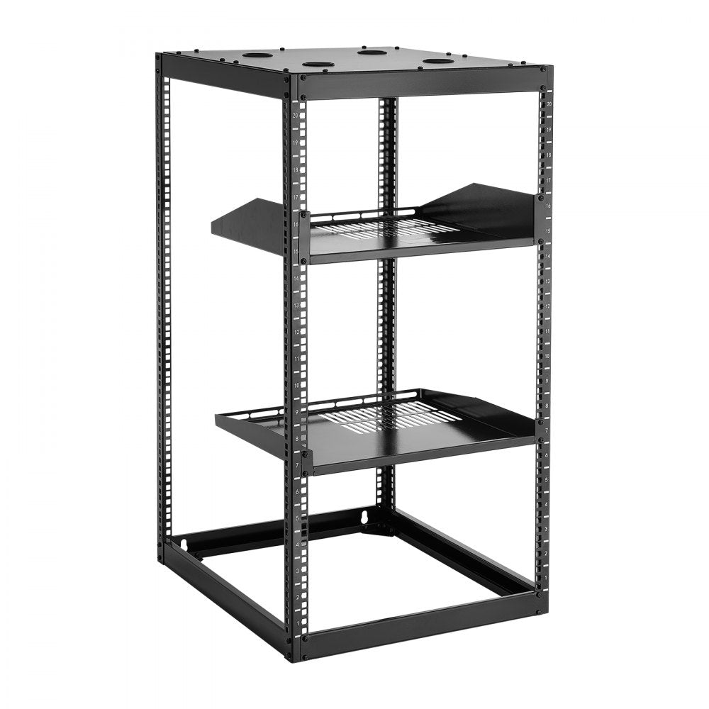 VEVOR 20U Open Frame Network Rack, 23 in Depth, Wall Mounted or Floor Standing Server Rack, Heavy Duty 4 Post, with Vented Shelves & Mounting Hardware, Holds All Your Networking IT Equipment AV Gear