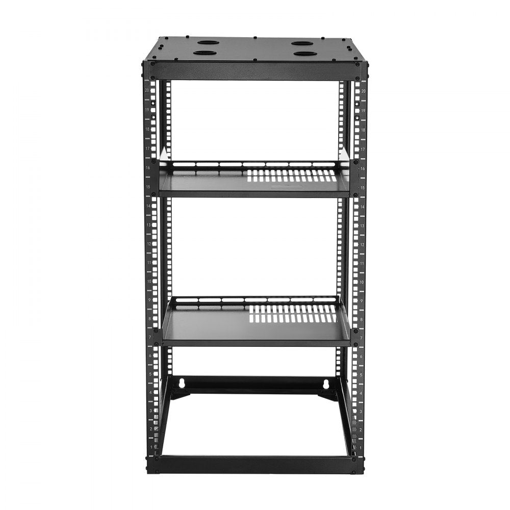 VEVOR 20U Open Frame Network Rack, 23 in Depth, Wall Mounted or Floor Standing Server Rack, Heavy Duty 4 Post, with Vented Shelves & Mounting Hardware, Holds All Your Networking IT Equipment AV Gear