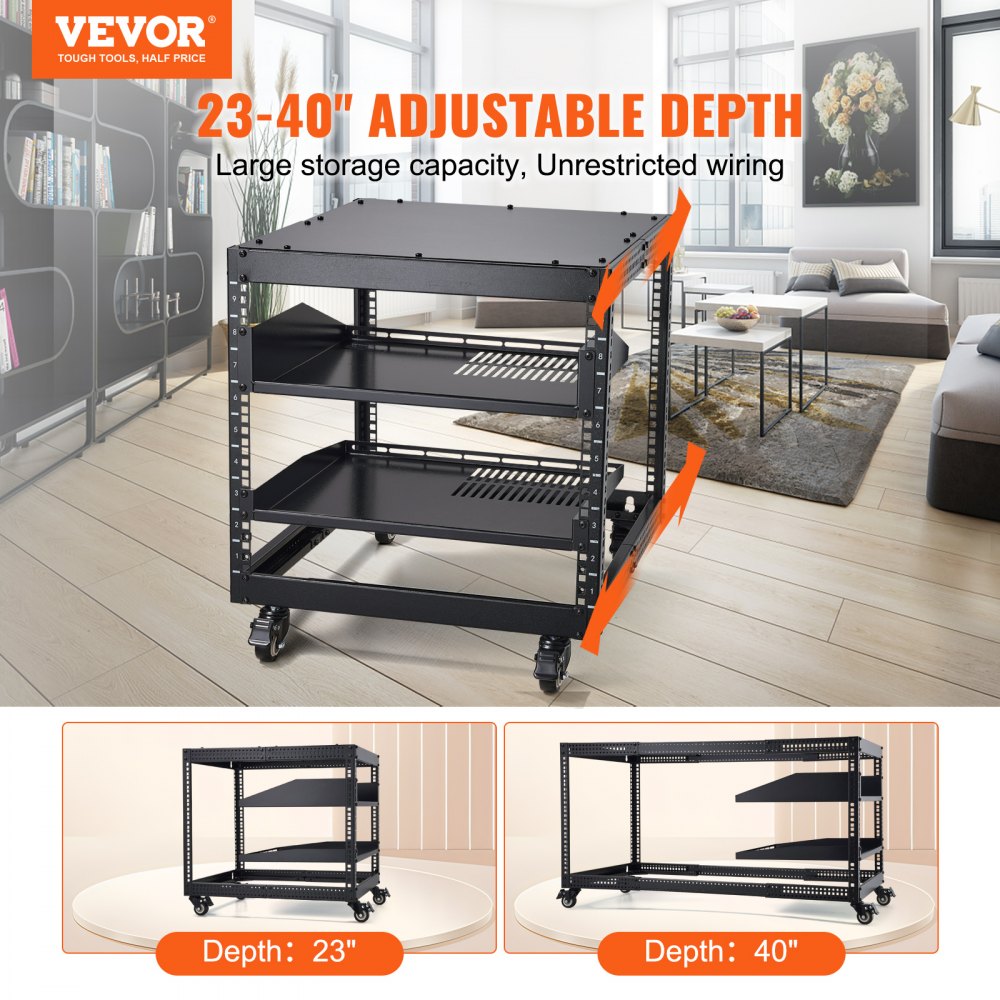 VEVOR 9U Open Frame Server Rack, 23''-40'' Adjustable Depth, Free Standing or Wall Mount Network Server Rack with 360° Casters, Heavy Duty 4 Post Holds All Your Networking IT Equipment AV Gear Router