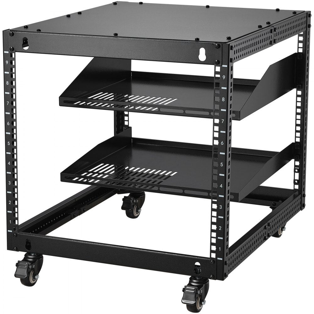VEVOR 9U Open Frame Server Rack, 23''-40'' Adjustable Depth, Free Standing or Wall Mount Network Server Rack with 360° Casters, Heavy Duty 4 Post Holds All Your Networking IT Equipment AV Gear Router