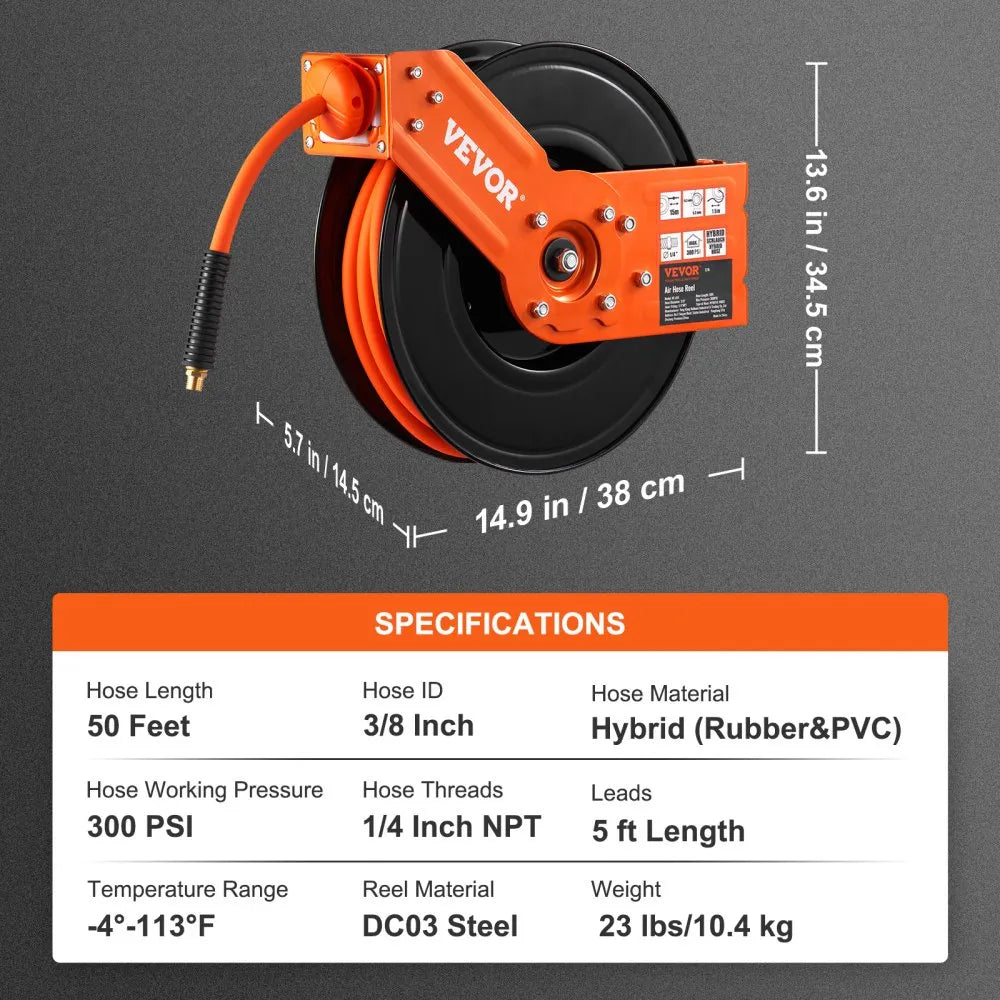 VEVOR Retractable Air Hose Reel, 3/8 IN x 50 FT Hybrid Air Hose Max 300PSI, Air Compressor Hose Reel with 5 In Lead in, Ceiling / Wall Mount Heavy Duty Double Arm Steel Reel