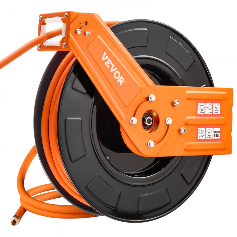 VEVOR Retractable Air Hose Reel, 3/8IN x 100FT Rubber Air Hose Max 300PSI, Air Compressor Hose Reel Auto-Rewind with 5FT Lead in, Ceiling/Wall Mount Heavy Duty Single Arm Steel Reel, 1/4" NPT Fitting