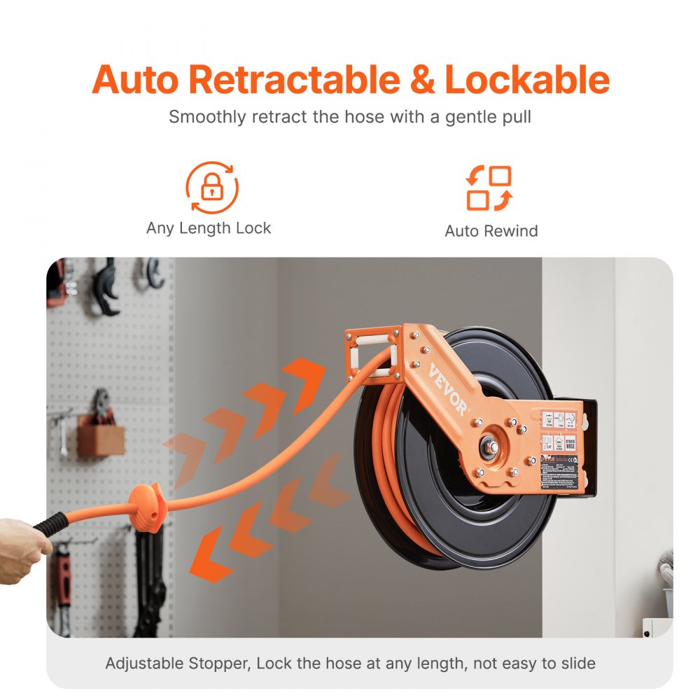 VEVOR Retractable Air Hose Reel, 3/8IN x 50FT Rubber Air Hose Max 300PSI, Air Compressor Hose Reel Auto-Rewind with 5FT Lead in, Ceiling/Wall Mount Heavy Duty Single Arm Reel & 180° Swivel Bracket
