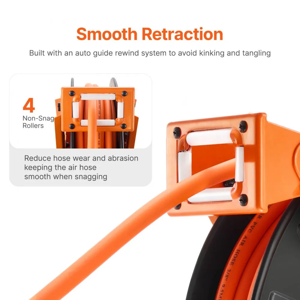 VEVOR Retractable Air Hose Reel with Double Arms, 3/8 IN x 65FT Hybrid Air Hose Max 300PSI, Air Compressor Hose Reel with 5FT Lead in, Ceiling/Wall Mount Heavy Duty Steel Reel for Workshop Garage