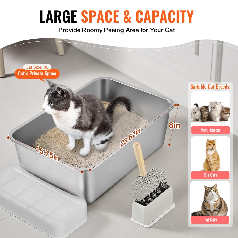 VEVOR Cat Litter Box, 8 inches Deep, XL Extra Large Stainless Steel Cat Litter Box with Scoop, Wide Filtering Foot Board & High Sides, Enclosed Odor-Free Easy-to-Clean Litter Box, Fit for Big Cats