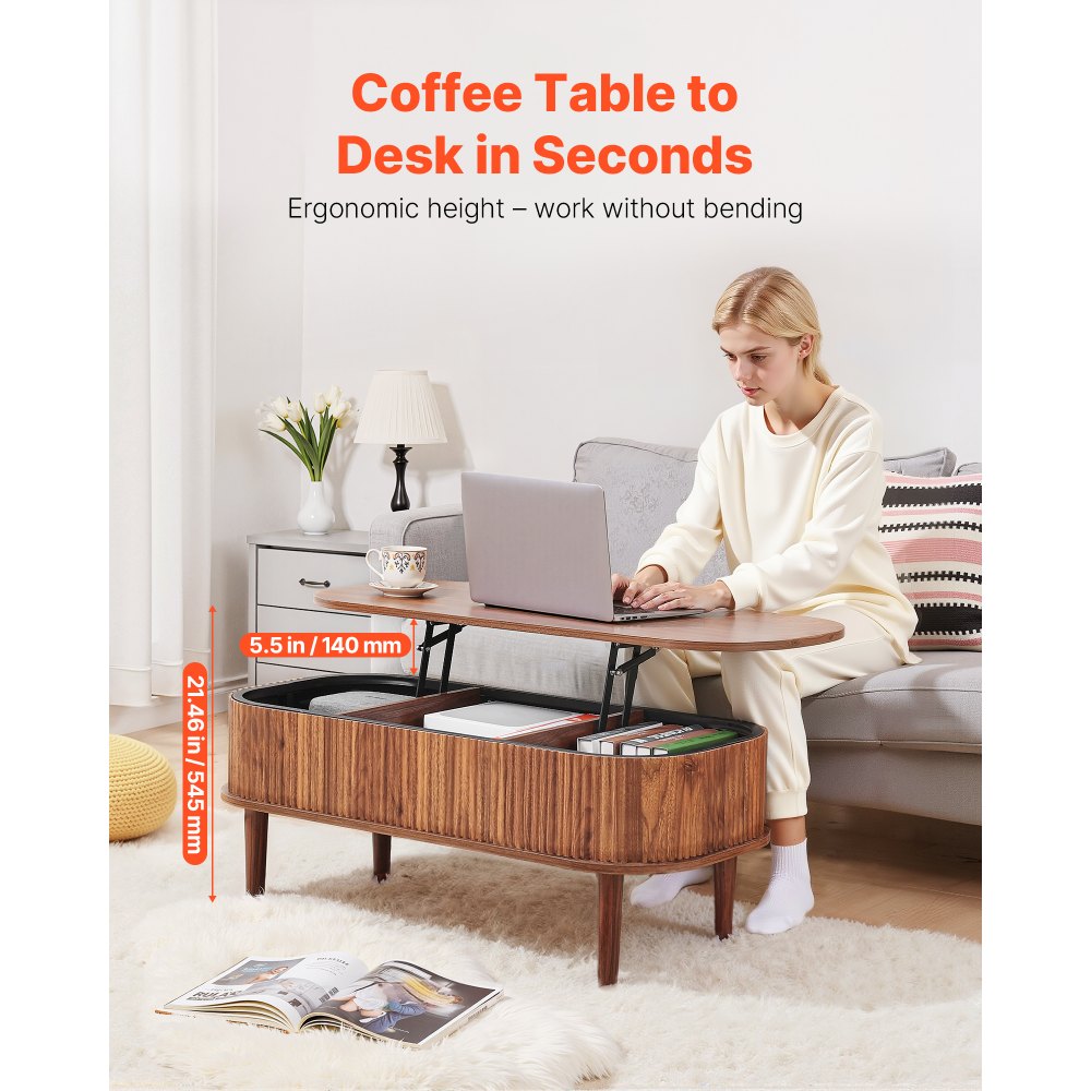 VEVOR 39.4 in Lift Top Coffee Table, Fluted Oval Coffee Table with 3 Hidden Compartment, Mid Century Wooden Oval Center Desk with Storage, Lift Up Tabletop for Home & Office, Easy Assembly, Walnut