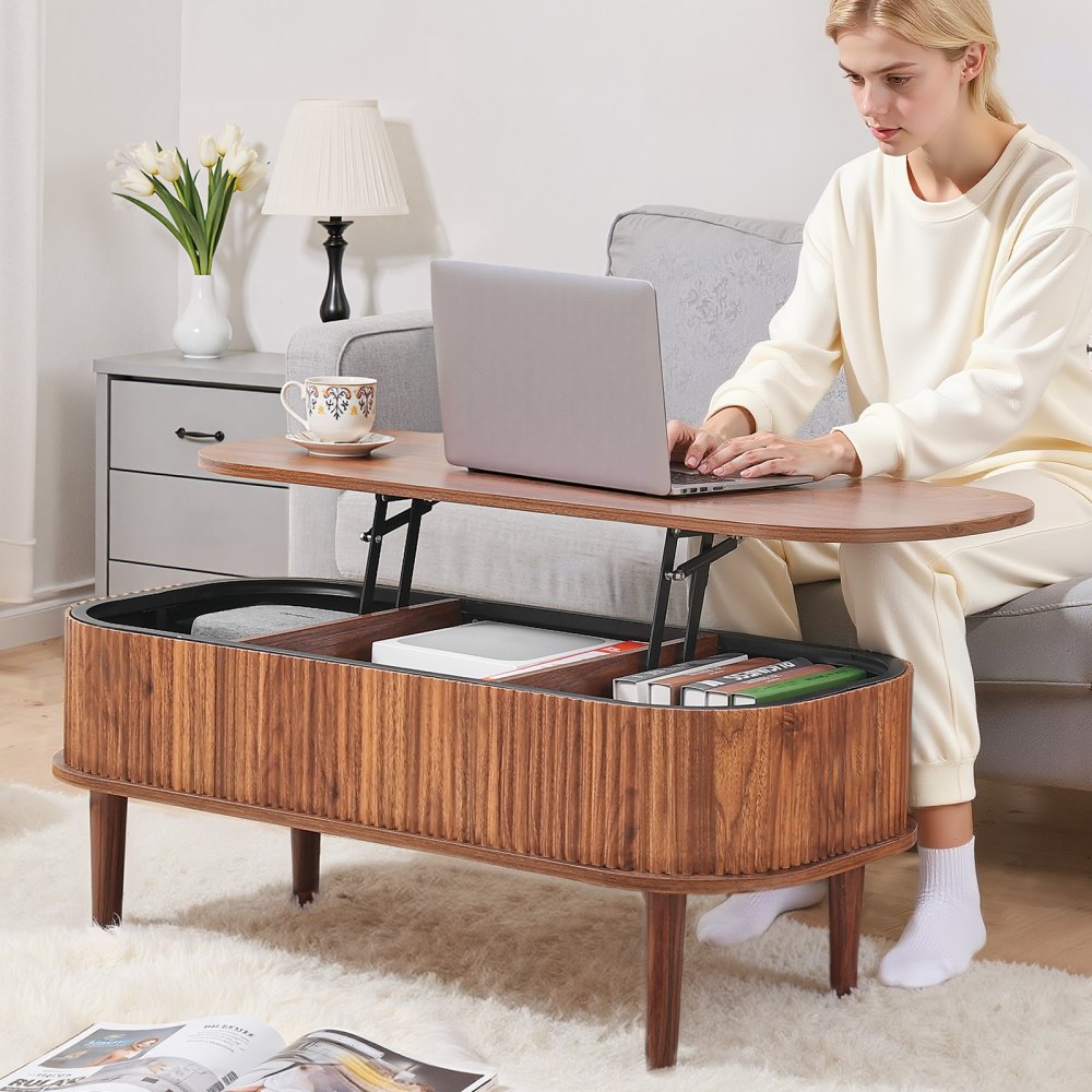VEVOR 39.4 in Lift Top Coffee Table, Fluted Oval Coffee Table with 3 Hidden Compartment, Mid Century Wooden Oval Center Desk with Storage, Lift Up Tabletop for Home & Office, Easy Assembly, Walnut
