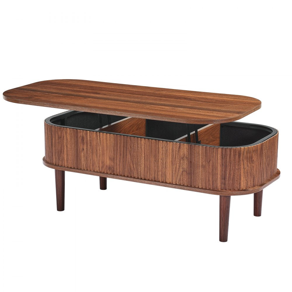VEVOR 39.4 in Lift Top Coffee Table, Fluted Oval Coffee Table with 3 Hidden Compartment, Mid Century Wooden Oval Center Desk with Storage, Lift Up Tabletop for Home & Office, Easy Assembly, Walnut