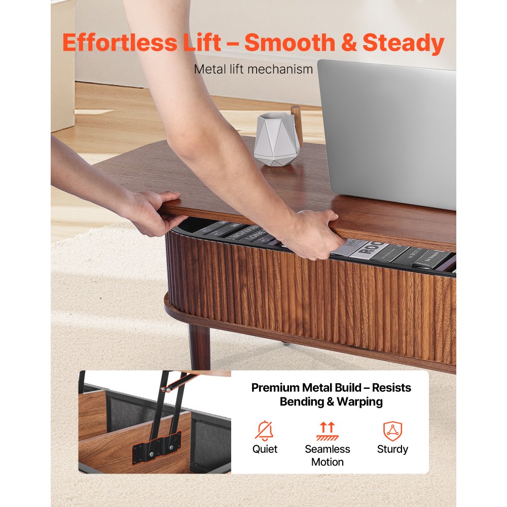 VEVOR 39.4 in Lift Top Coffee Table, Fluted Oval Coffee Table with 3 Hidden Compartment, Mid Century Wooden Oval Center Desk with Storage, Lift Up Tabletop for Home & Office, Easy Assembly, Walnut