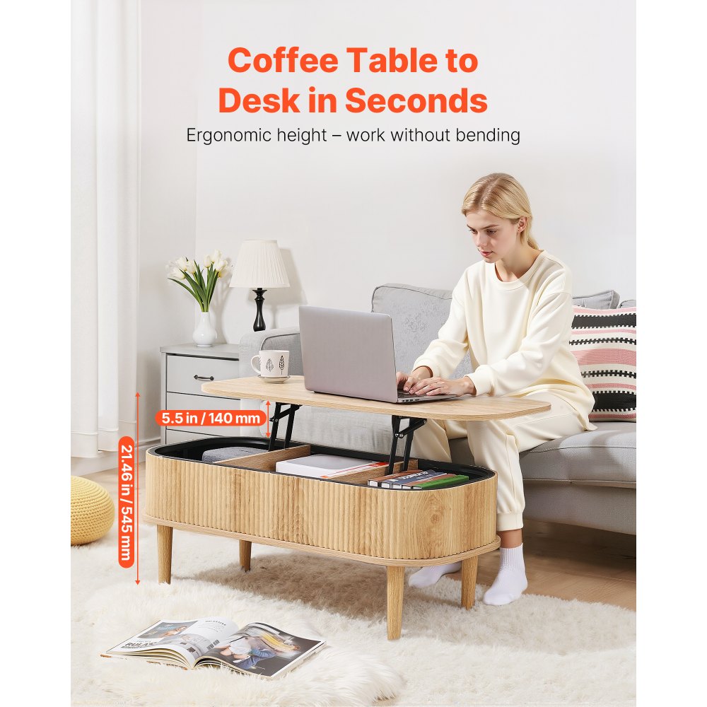 VEVOR 39.4 in Lift Top Coffee Table, Fluted Oval Coffee Table with 3 Hidden Compartment, Mid Century Wooden Oval Center Desk with Storage, Lift Up Tabletop for Home & Office, Easy Assembly, Burlywood