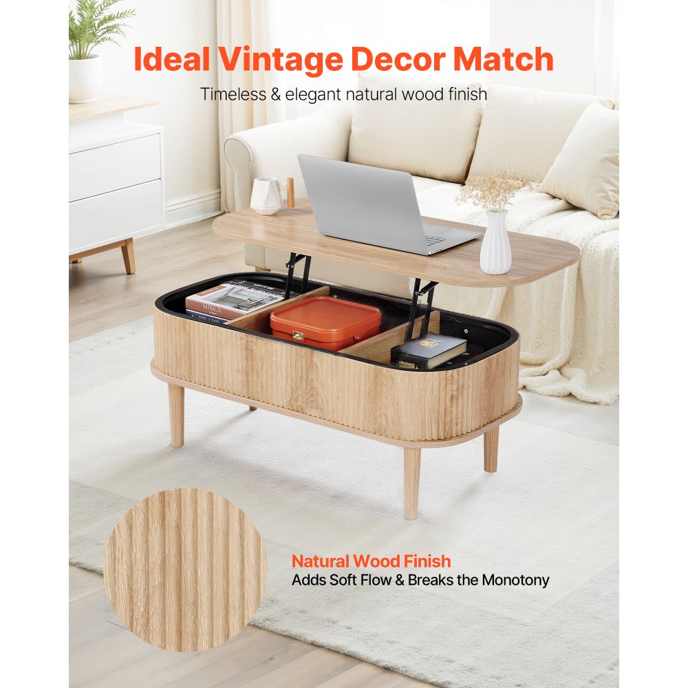 VEVOR 39.4 in Lift Top Coffee Table, Fluted Oval Coffee Table with 3 Hidden Compartment, Mid Century Wooden Oval Center Desk with Storage, Lift Up Tabletop for Home & Office, Easy Assembly, Burlywood