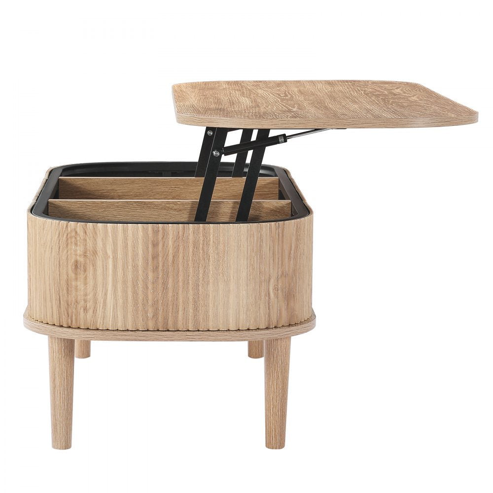 VEVOR 39.4 in Lift Top Coffee Table, Fluted Oval Coffee Table with 3 Hidden Compartment, Mid Century Wooden Oval Center Desk with Storage, Lift Up Tabletop for Home & Office, Easy Assembly, Burlywood