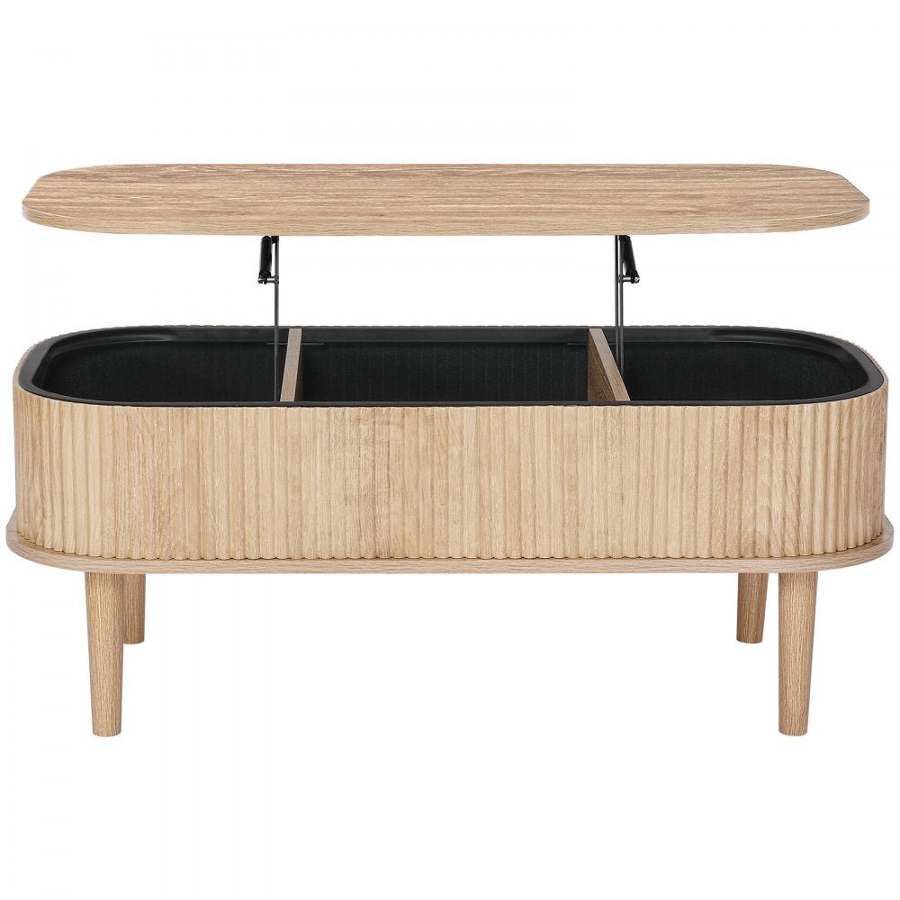 VEVOR 39.4 in Lift Top Coffee Table, Fluted Oval Coffee Table with 3 Hidden Compartment, Mid Century Wooden Oval Center Desk with Storage, Lift Up Tabletop for Home & Office, Easy Assembly, Burlywood