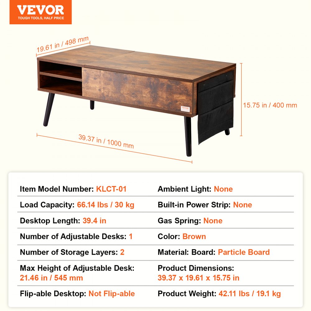 VEVOR Lift Top Coffee Table, 39.4 in Rectangle Coffee Table with Extra Storage Pockets, Pop Up Coffee Table for Living Room, Brown
