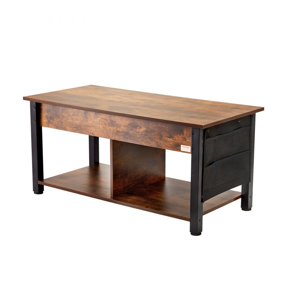 VEVOR Lift Top Coffee Table, 41.7 in Rectangle Coffee Table with Extra Storage Pockets, Pop Up Coffee Table for Living Room, Brown