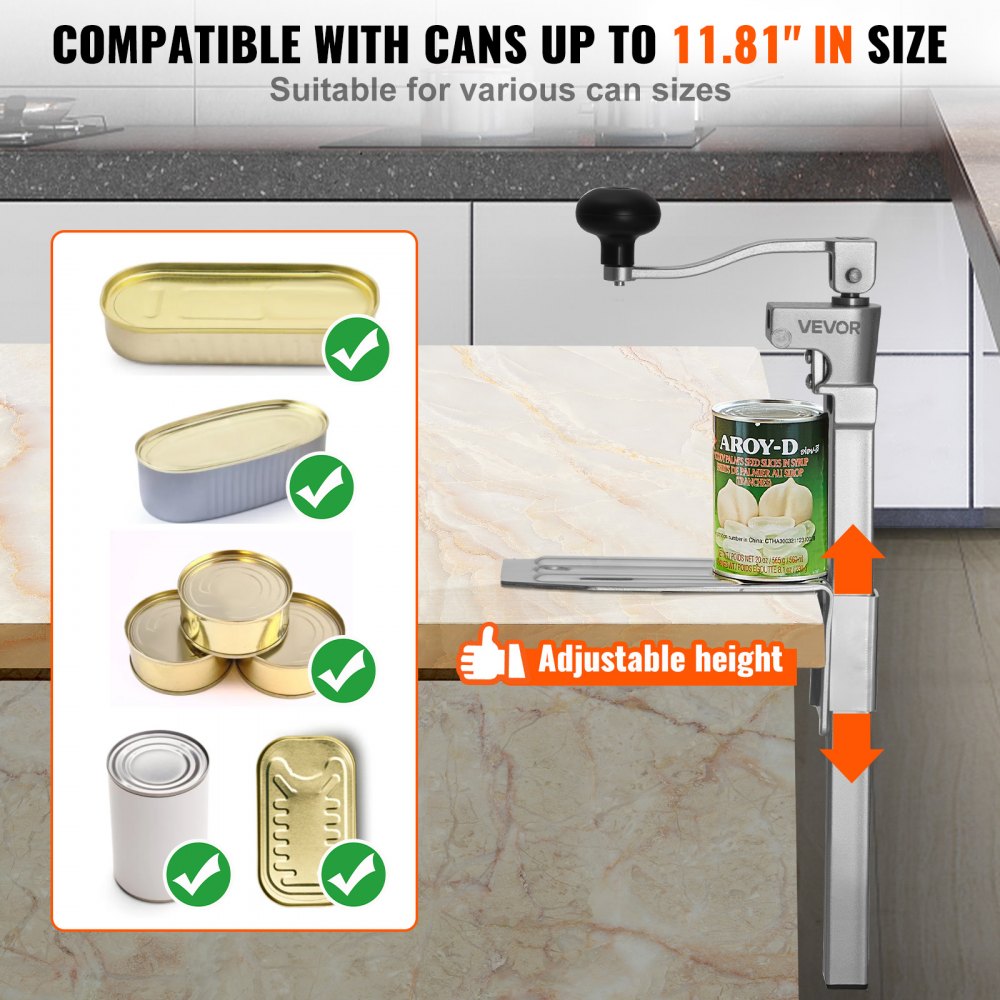 VEVOR Commercial Can Opener, Heavy-Duty Manual Tabletop Cans Opener for Cans Up to 11.8 in Height, Height-Adjustable Professional Can Openers Fixed with Screws, for Restaurant, Hotel, and Food Store