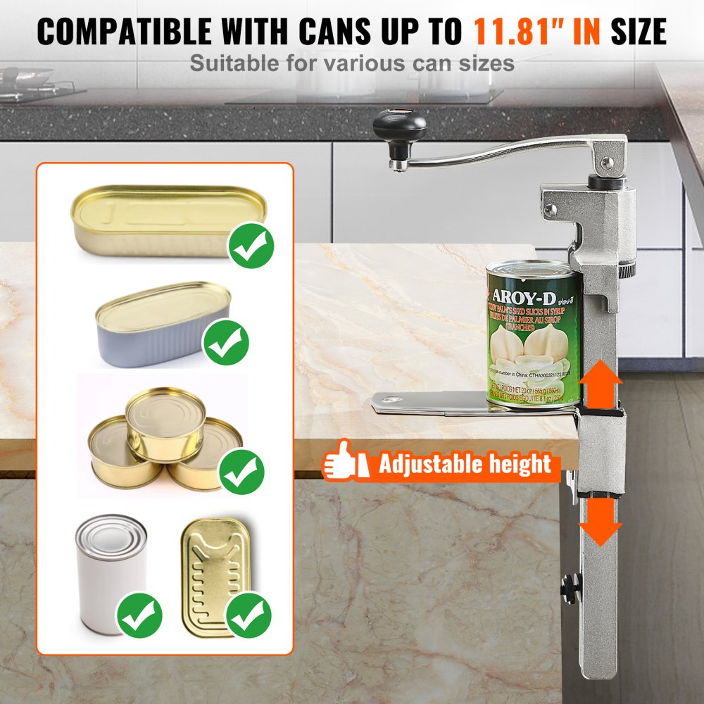 VEVOR Manual Can Opener, Sturdy Tabletop Can Opener for Big Cans, Robust Can Opener with Stand, Height-Adjustable Professional Jar Opener, Suitable for Cans Up to 11.8" in Height, Ideal for Restaur