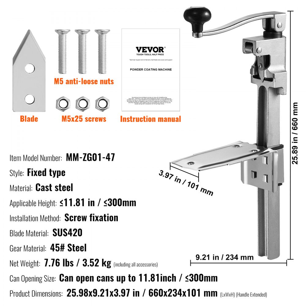 VEVOR Manual Can Opener, Sturdy Tabletop Can Opener for Big Cans, Robust Can Opener with Stand, Height-Adjustable Professional Jar Opener, Suitable for Cans Up to 11.8" in Height, Ideal for Restaur