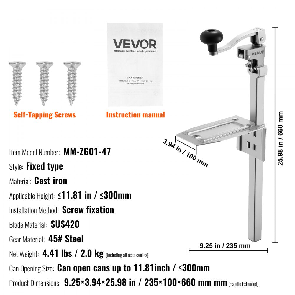VEVOR Commercial Can Opener, Heavy-Duty Manual Tabletop Cans Opener for Cans Up to 11.8 in Height, Height-Adjustable Professional Can Openers with Stainless Steel Blade, for Restaurant & Food Store