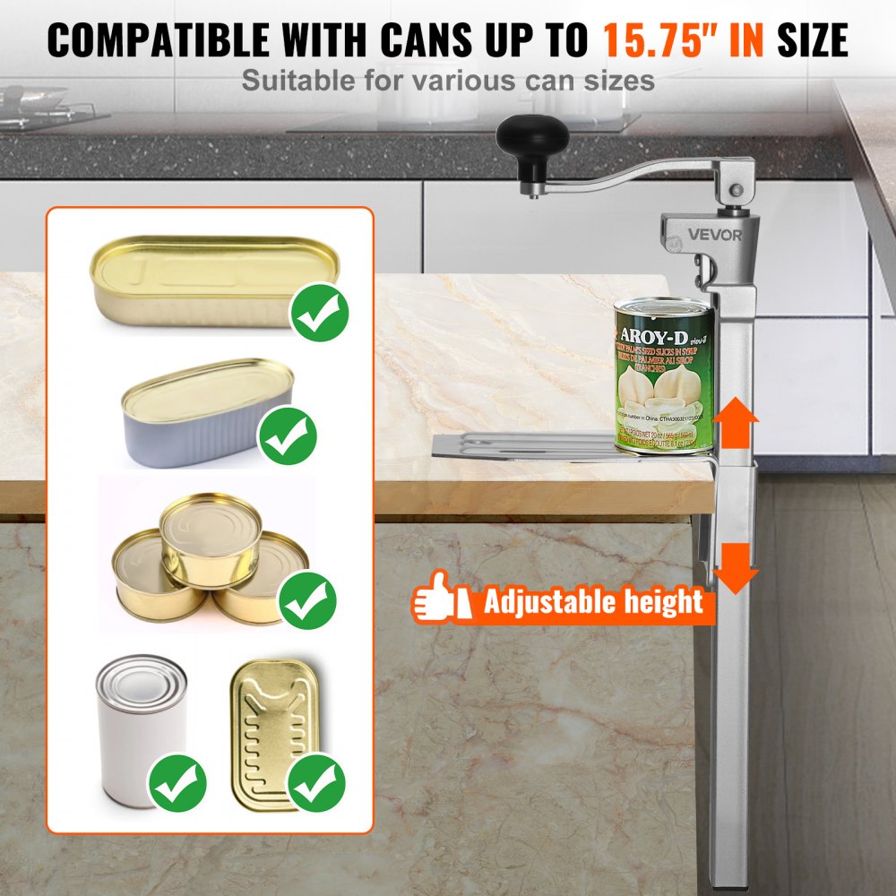 VEVOR Commercial Can Opener, Heavy-Duty Manual Tabletop Cans Opener for Cans Up to 15.75 in Height, Height-Adjustable Professional Can Openers Fixed with Screws, for Restaurant, Hotel, and Food Store