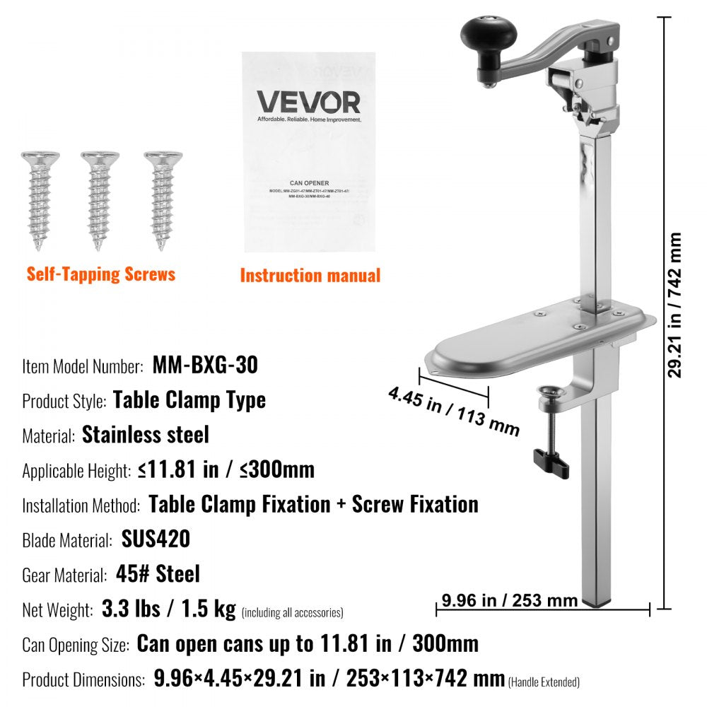 VEVOR Commercial Can Opener, Heavy-Duty Manual Tabletop Cans Opener for Cans Up to 11.8 in Height, Height-Adjustable Can Openers Fixed with Screws & Table Clamp, for Restaurant, Hotel, and Food Store