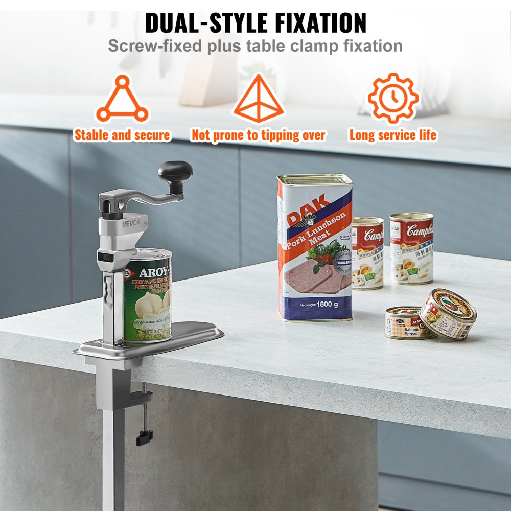 VEVOR Commercial Can Opener, Heavy-Duty Manual Tabletop Cans Opener for Cans Up to 15.75 in Height, Height-Adjustable Can Openers Fixed with Screws & Table Clamp, for Restaurant, Hotel, and Food Store