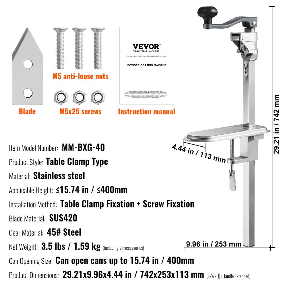 VEVOR Manual Can Opener, Sturdy Table-Mounted Opener for Big Cans, Durable with Stand, Height-Adjustable Professional Bottle Opener, Suitable for Cans Up to 15.7" High, Ideal for Restaurants, Hotel