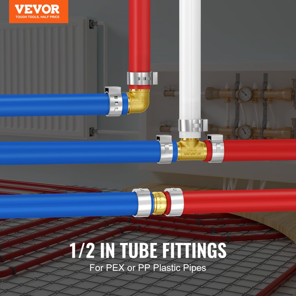 VEVOR Pipe Fittings, 1/2" 45PCS (15xStraight, 15xElbows, 15xTees) Brass Pipe Fittings, Push-Fit Pipe Connector Brass Air Fittings, Plumbing Fittings Adapter for Heating/Shower Systems, Water Pipes