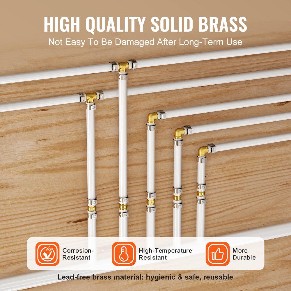 VEVOR Pipe Fittings, 1/2" 45PCS (15xStraight, 15xElbows, 15xTees) Brass Pipe Fittings, Push-Fit Pipe Connector Brass Air Fittings, Plumbing Fittings Adapter for Heating/Shower Systems, Water Pipes