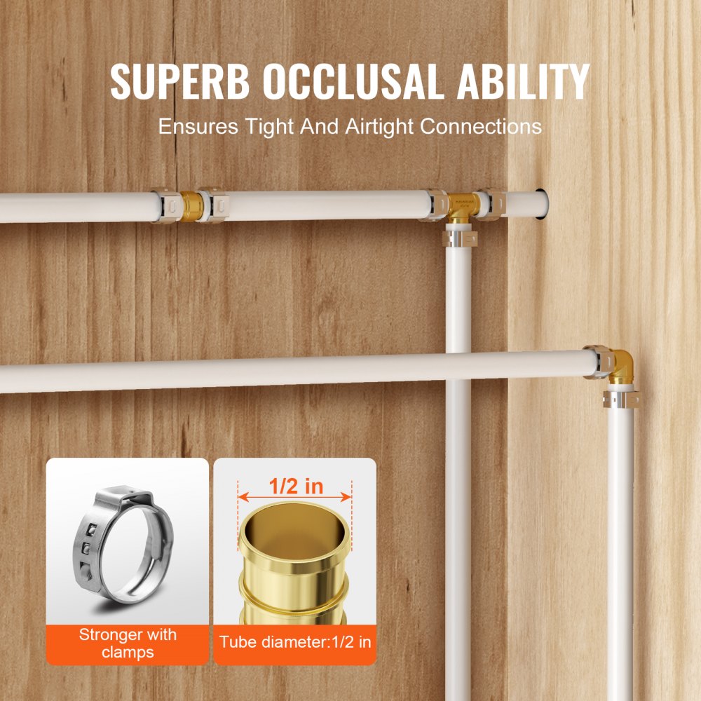 VEVOR Pipe Fittings, 1/2" 45PCS (15xStraight, 15xElbows, 15xTees) Brass Pipe Fittings, Push-Fit Pipe Connector Brass Air Fittings, Plumbing Fittings Adapter for Heating/Shower Systems, Water Pipes