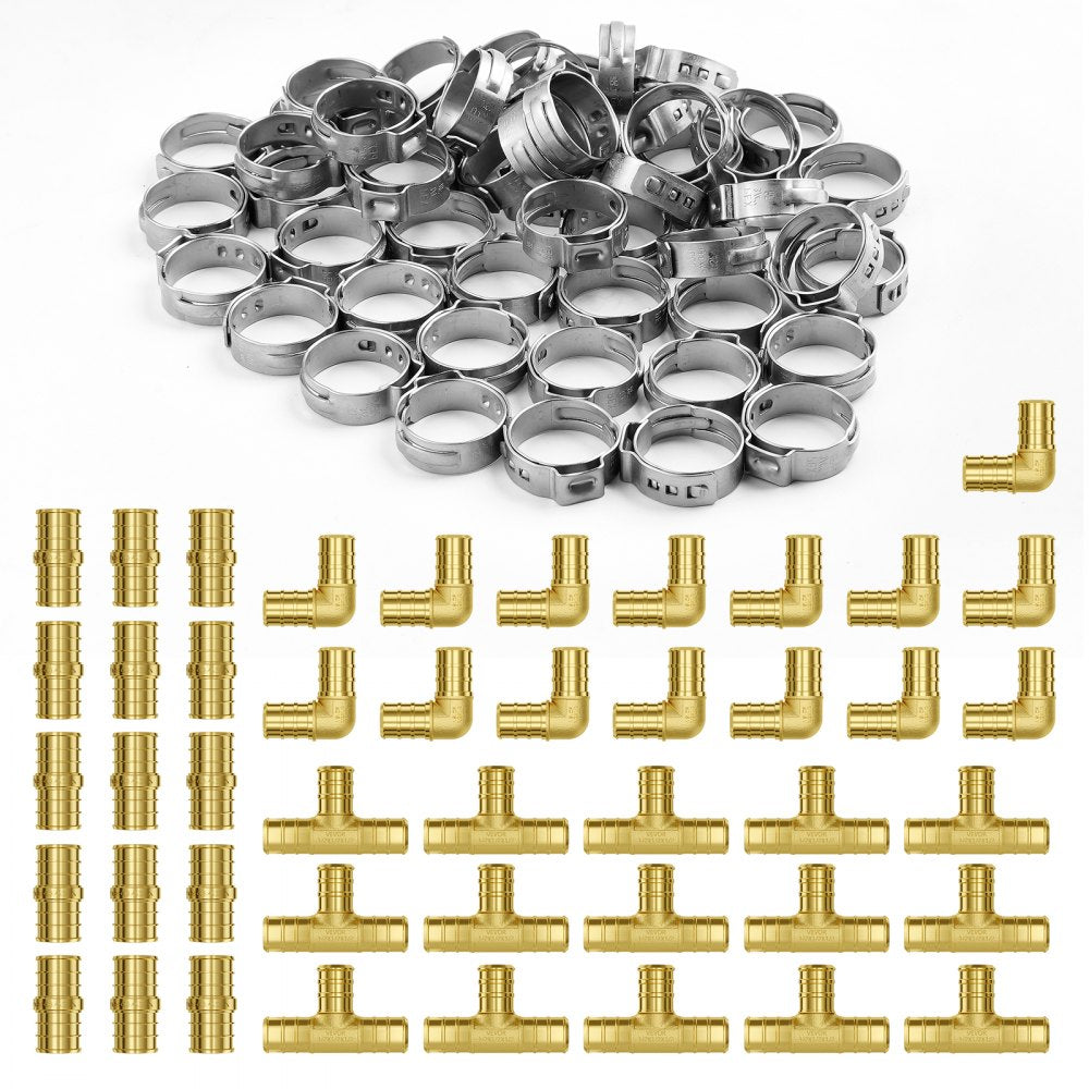 VEVOR Pipe Fittings, 1/2" 45PCS (15xStraight, 15xElbows, 15xTees) Brass Pipe Fittings, Push-Fit Pipe Connector Brass Air Fittings, Plumbing Fittings Adapter for Heating/Shower Systems, Water Pipes