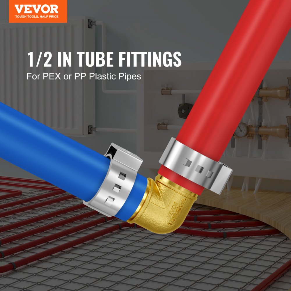 VEVOR Pipe Fittings, 1/2" 50PCS Brass Pipe Fittings, Clamp-style Elbows Pipe Connector Brass Air Fittings, Heavy Duty Plumbing Fittings Tube Adapter for Heating/Shower Systems, Outdoor Water Pipes