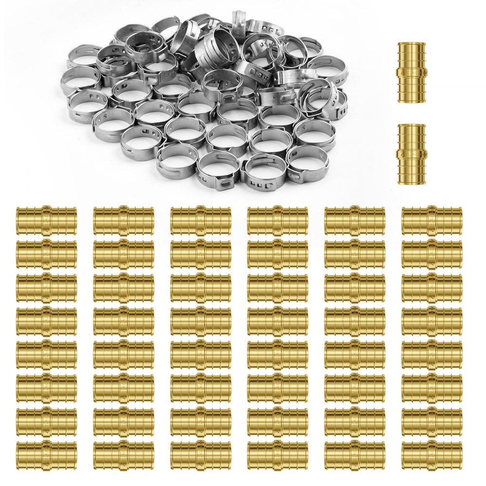 VEVOR Pipe Fittings, 1/2" 50PCS Brass Pipe Fittings, Clamp-style Straight-Through Pipe Connector Brass Air Fittings, Heavy Duty Plumbing Fittings Tube Adapter for Heating/Shower Systems,Water Pipes